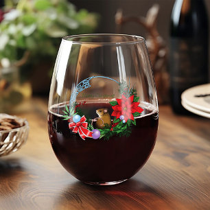 Christmas Mouse Wreath Stemless Wine Glass