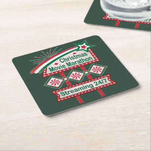 Christmas Movie Marathon Retro Marquee Festive Square Paper Coaster