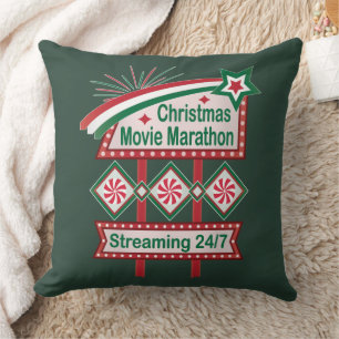 Christmas Movie Marathon Retro Marquee Festive Throw Pillow