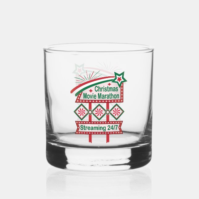 Christmas Movie Marathon Retro Marquee Festive Whiskey Glass (Front)