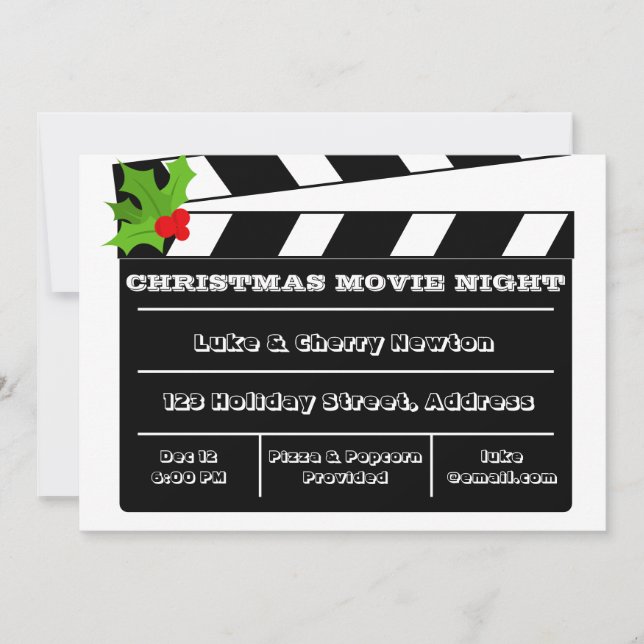 Christmas Movie Night Holly Clapboard Invitation (Front)