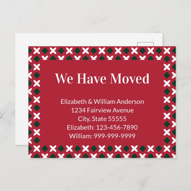 Christmas Moving Announcement Red Green and White Postcard (Front/Back)