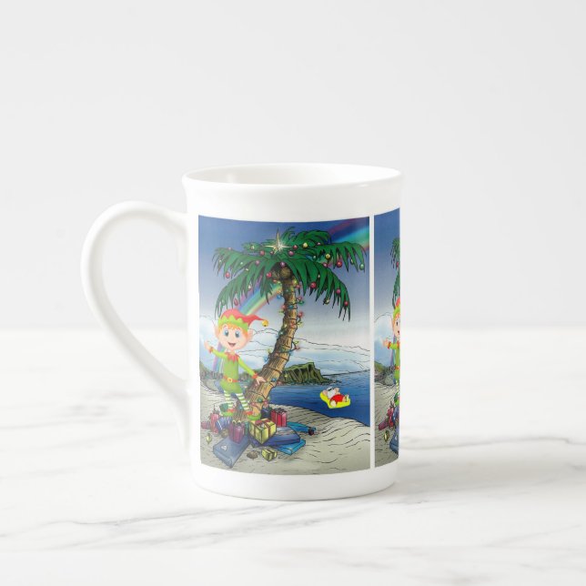 Christmas Mug, Beach Bum Santa, Merry Christmas Bone China Mug (Left)