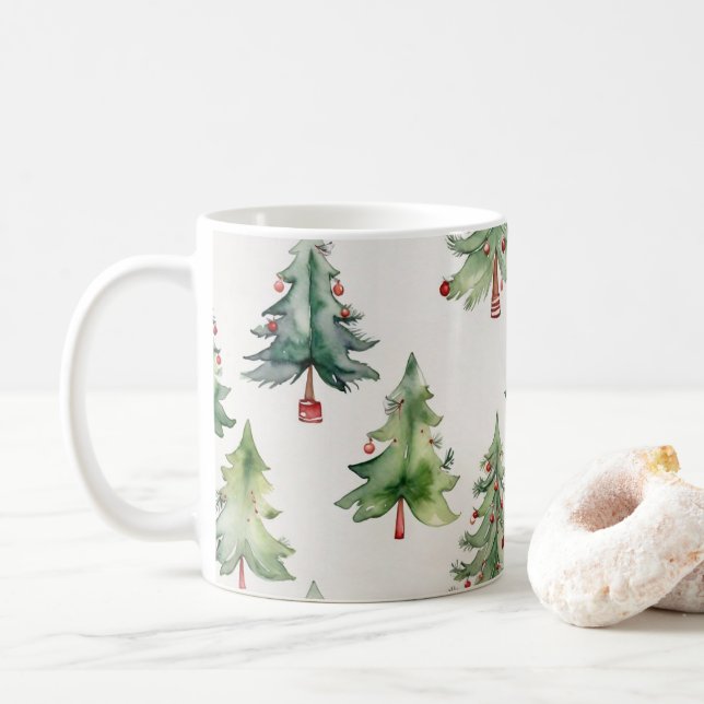 Christmas Mug Green Watercolour Fir Trees (With Donut)