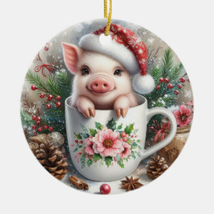 Christmas Mug Pig Ceramic Ornament