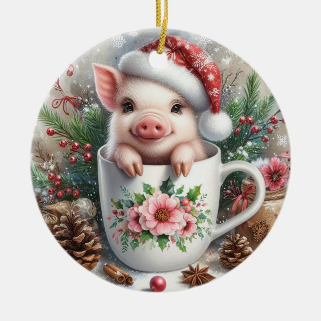 Christmas Mug Pig Ceramic Ornament (Front)