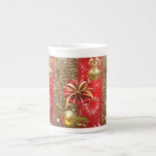 Christmas Mug, Red Gold Bow Bone China Mug