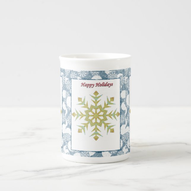 Christmas Mug, Snowflake, Happy Holidays Bone China Mug (Front)