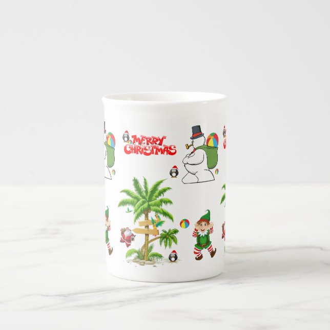 Christmas Mug, Snowman, Summer Beach Santa Bone China Mug (Front)