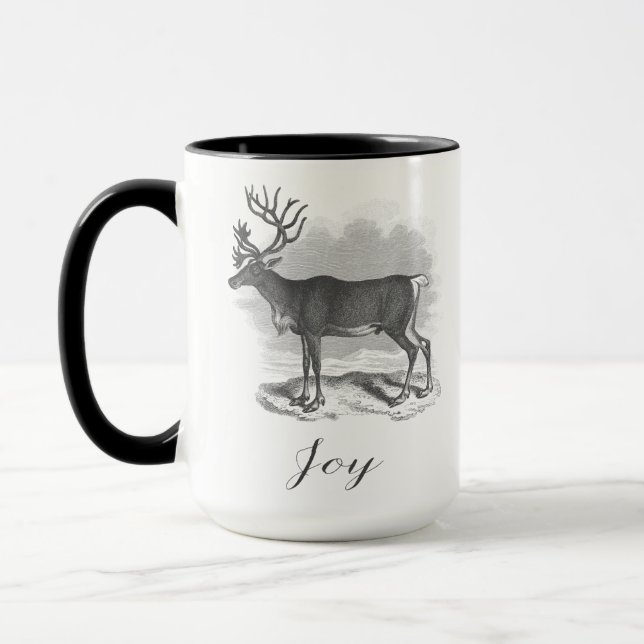 Christmas mug with antique deer etching says Joy (Left)