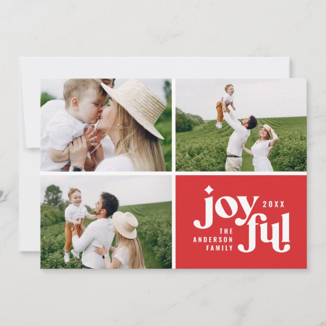 Christmas multi photo modern red typography holiday card (Front)