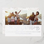 Christmas multi photo modern silver script chic  foil holiday card<br><div class="desc">Bold modern silver and white script script text,  multi photo Christmas holiday card. With star burst backer design. Available in different colours.</div>