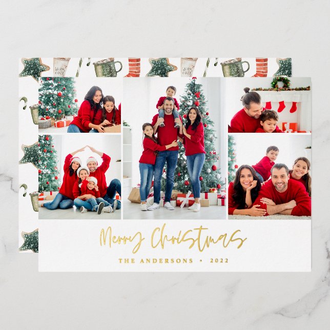 Christmas multi photo script modern red and green foil holiday card (Front/Back)