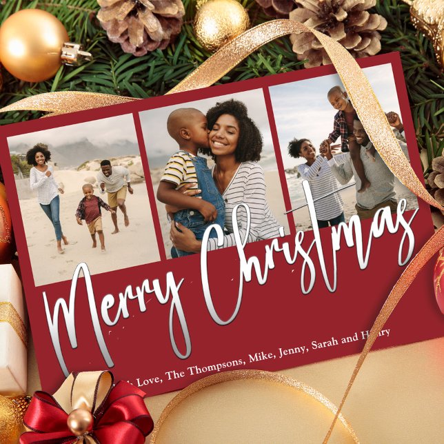 Christmas Multi Photo Winter Greenery Holly Holiday Card (The background and artwork are also editable. Design to fit your party theme and décor. )