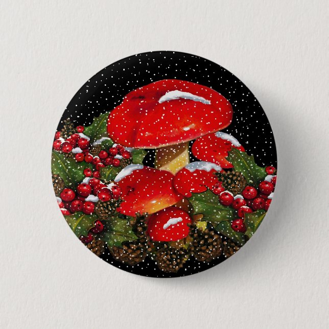 Christmas Mushroom, Toadstools, Snow, Holly 2 Inch Round Button (Front)