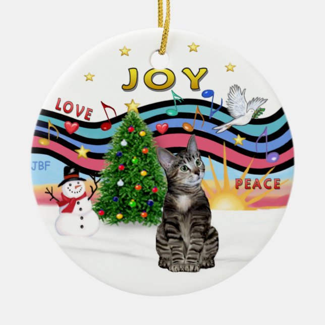 Christmas Music #1- Brown Tabby Tiger cat Ceramic Ornament (Front)