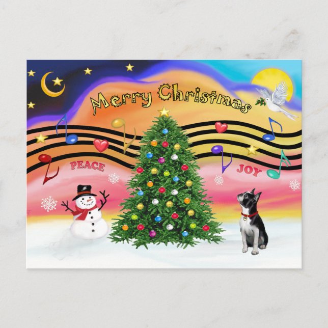 Christmas Music 2 - BostonTerrier2 Holiday Postcard (Front)