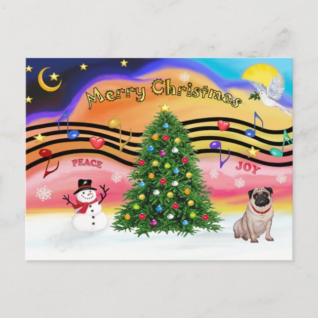 Christmas Music 2 - Pug (fawn) Holiday Postcard (Front)