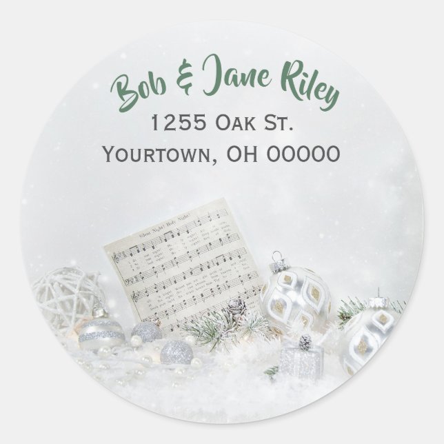 Christmas music and ornaments in sparkling snow classic round sticker (Front)