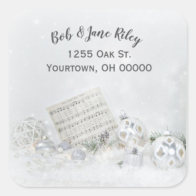 Christmas music and ornaments in sparkling snow square sticker (Front)