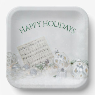 Christmas Music And Silver Ornaments Paper Plate