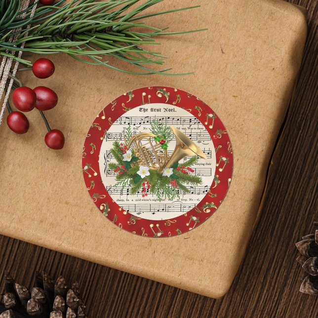 Christmas Music Notes French Horn Red Classic Round Sticker (Creator Uploaded)