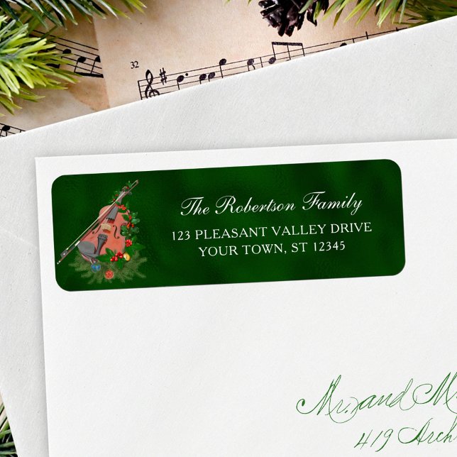 Christmas Music Violin Green Return Address Label (Creator Uploaded)