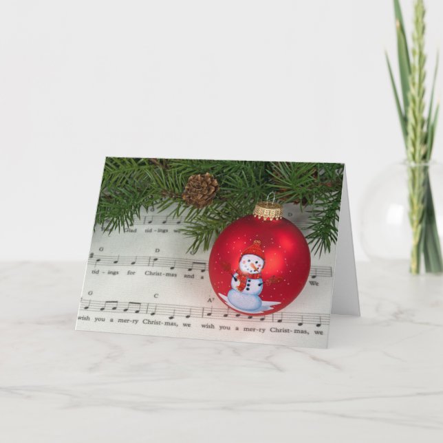 Christmas Music with Snowman Ornament Holiday Card (Front)