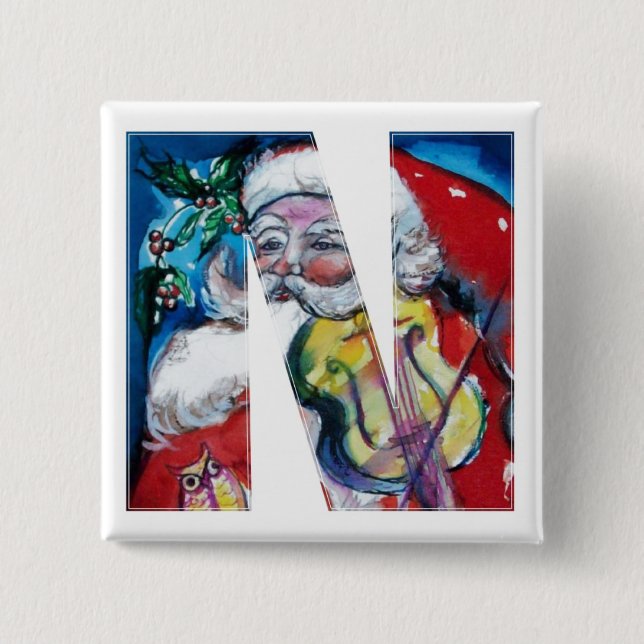 CHRISTMAS N LETTER / SANTA  WITH VIOLIN MONOGRAM 2 INCH SQUARE BUTTON (Front)