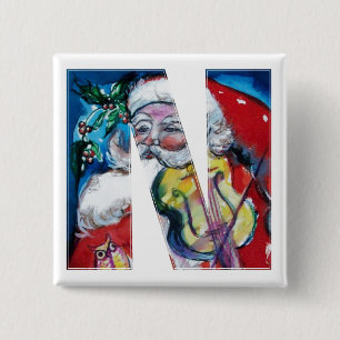 CHRISTMAS N LETTER / SANTA  WITH VIOLIN MONOGRAM 2 INCH SQUARE BUTTON