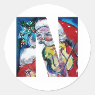 CHRISTMAS N LETTER  / SANTA WITH VIOLIN MONOGRAM CLASSIC ROUND STICKER