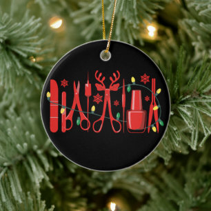 Christmas Nail Tech Tools Reindeer Antlers Lights Ceramic Ornament