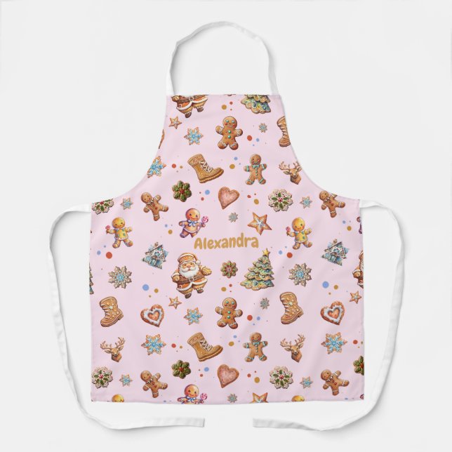 Christmas Name Custom Fun Cute Gingerbread Pink Apron (Front)