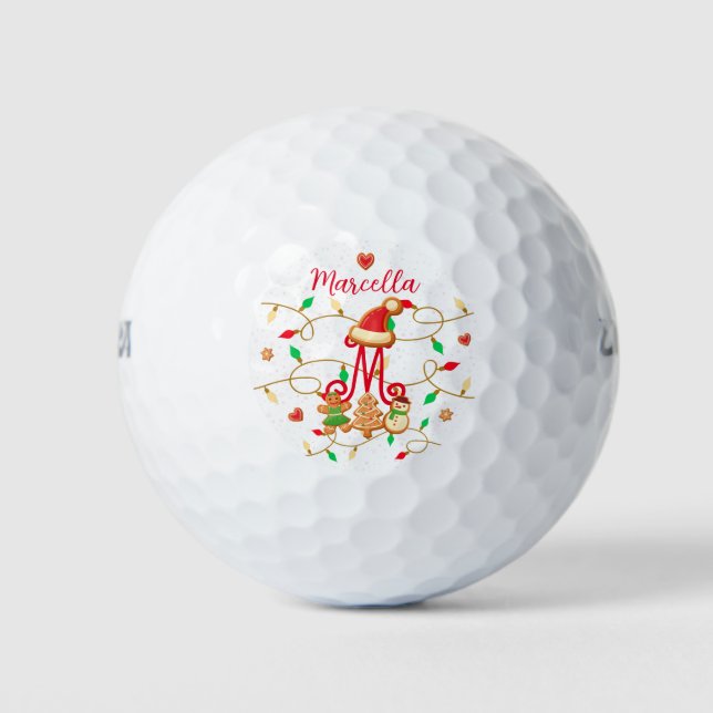 Christmas Name Monogram Custom Gingerbread Red Golf Balls (Front)