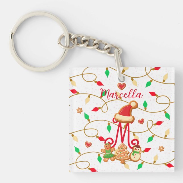 Christmas Name Monogram Custom Gingerbread Red Keychain (Front)