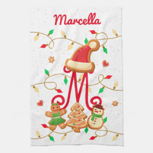 Christmas Name Monogram Custom Gingerbread Red Kitchen Towel