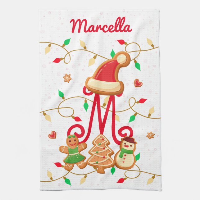 Christmas Name Monogram Custom Gingerbread Red Kitchen Towel (Vertical)