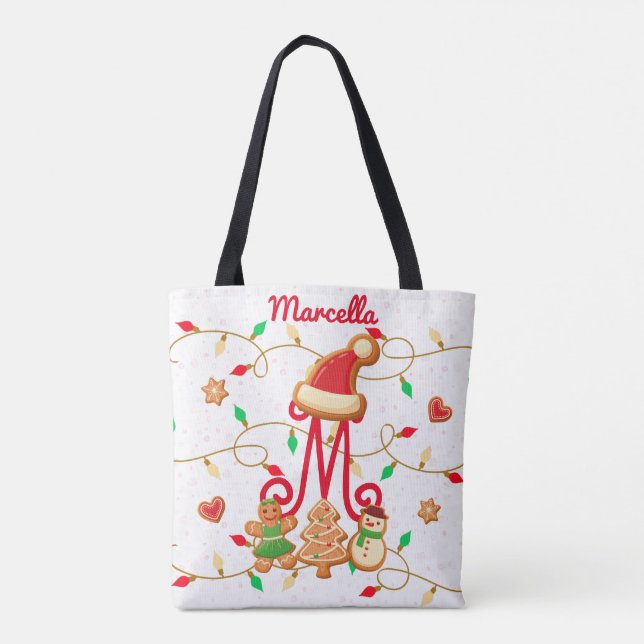 Christmas Name Monogram Custom Gingerbread Red Tote Bag (Back)