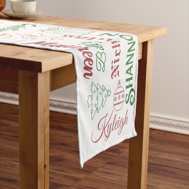 Christmas Names and Ornaments White Table Runner (In Situ)