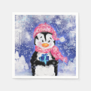 Christmas Napkins Baby Penguin with Gift