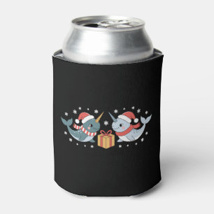 Christmas Narwhal Santa Hat Scarf Snowflakes Xmas Can Cooler