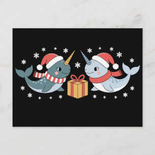 Christmas Narwhal Santa Hat Scarf Snowflakes Xmas Holiday Postcard
