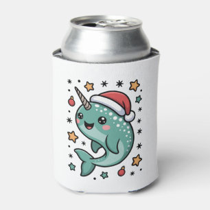 Christmas Narwhal Santa Hat Stars Ornament Sea Can Cooler