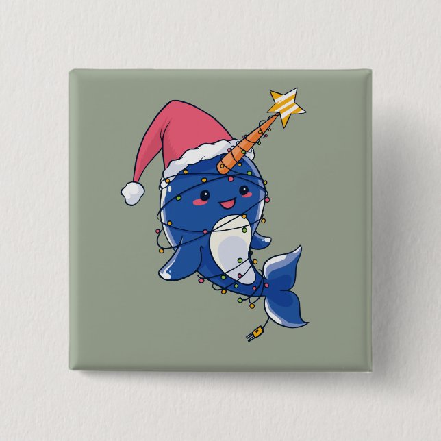 Christmas Narwhale 2 Inch Square Button (Front)