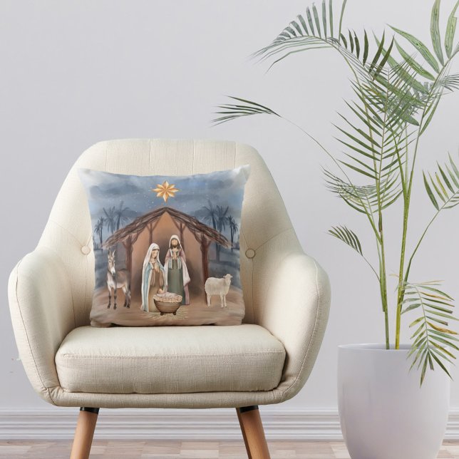 Christmas Nativity Animals Christian Watercolor Throw Pillow (Creator Uploaded)
