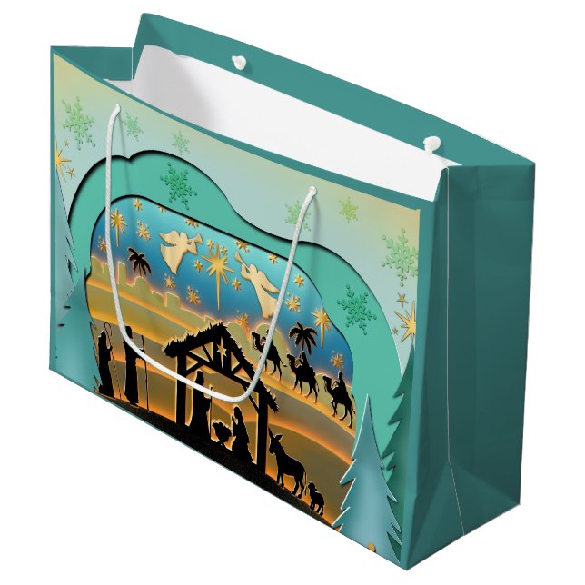 Christmas Nativity Baby Jesus in Manger Scene Large Gift Bag (Front Angled)
