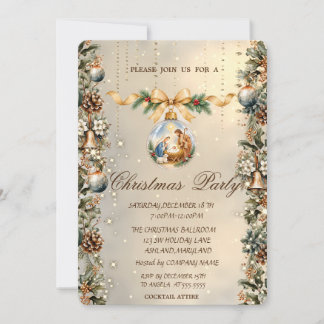 Christmas Nativity Balls,Bells,Pinecones Gold Invitation
