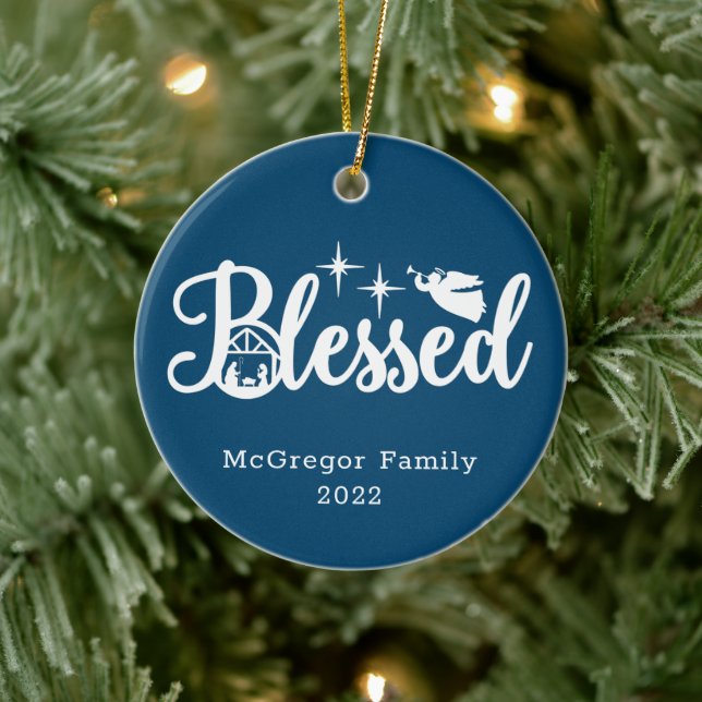 Christmas Nativity Blessed Blue & White  Ceramic Ornament (Tree)