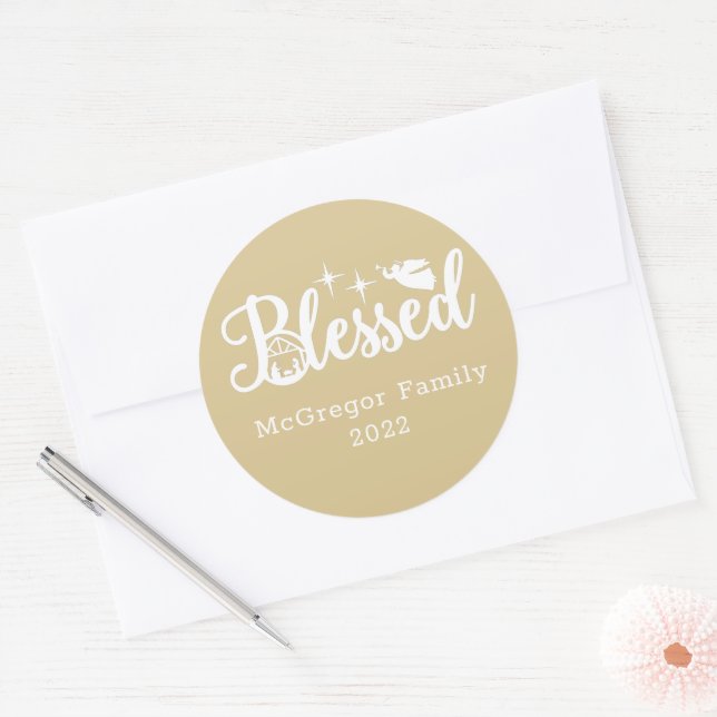 Christmas Nativity Blessed Gold & White Classic Round Sticker (Envelope)