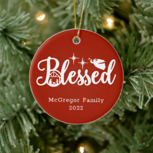 Christmas Nativity Blessed Red & White Ceramic Ornament